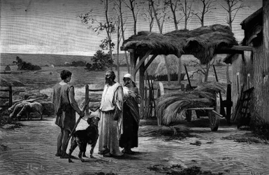 Raamatun kohtaus: "Jaakob Labanissa." Kaiverrus Henry Lerolle Henryn (1848-1929) maalauksen jälkeen. "" The Illustrous World" -julkaisussa nro 1192, 31. tammikuuta