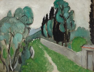 Paysage avec cyprès et oliviers aux environs de Nice, n. 1918 (öljy kartongille, paneeliin kiinnitetty).