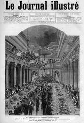 Juhlatilaisuus Victor Hugolle Hotel Continentalissa hänen 81-vuotispäiväänsä vuonna 1883 - Vuoden 1883 The Illustrous Journal -lehden kansisivu - Henri Meyerin (1844-1899) piirustus