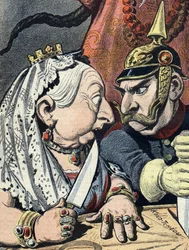 Karikatyyri kuningatar Victoriasta ja karikatyyri Saksan Vilhelm II:sta 16. tammikuuta 1898 yksityiskohta Kiinan imperialismia käsittelevästä pilapiirroksesta (rajattu).