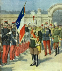Ferdinand 1. Bulgarian kuningas vastaanotetaan Elysee-palatsissa, Pariisi 1896 (kaiverrus).