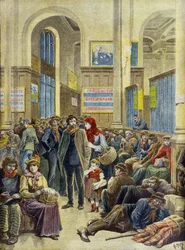 Italialaisia siirtolaisia Gare Saint Lazarella Pariisissa vuonna 1896 (kaiverrus).