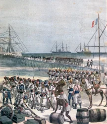 Senegalilaisten joukkojen maihinnousu Cotonoun New Wharfille, Beninissä, 1892