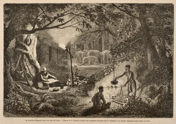Henri Mouhot Camping in the Jungles of Laos, kuvitus M. Henri Mouhotin teoksesta "Matkat Indo-Kiinan (Siam), Kambodžan ja Laosin keskiosissa vuosina 1858, 1859 ja 1860"