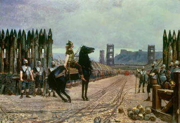 Gallialainen johtaja Vercingetorix (72-46 eaa.) antautuu roomalaiselle sotapäällikölle Julius Caesarille (100-44 eaa.) Alesian taistelun jälkeen vuonna 52 eaa. Henri Motte (1846-1922), 1886 - Le Puy-en-Velay, Musée Crozatier - Gallialainen johtaja