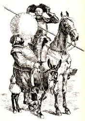 Don Quijote hevosensa selässä, vieressä Sancho aasinsa selässä...