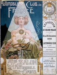 Automobile Club de Francen juliste 5. autonäyttelyn aikana Grand Palais de Parisissa vuonna 1902, piirros Henri Privat-Livemont (1861-1936), Versailles, kaupunginkirjasto - Automobile Club de Francen juliste 5. autonäyttelyn aikana klo