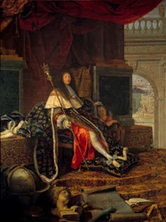 Ranskan kuninkaan Ludvig XIV:n (1638 - 1715), Kuninkaallisen maalaus- ja kuvanveistoakatemian suojelijan, muotokuva Kaarle V:n, lisänimeltään Kaarle Suuren, valtikka kädessään