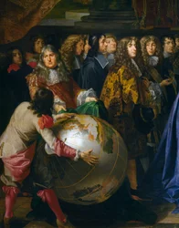 Maapallo, yksityiskohta Jean-Baptiste Colbertista esittelemässä Kuninkaallisen tiedeakatemian jäseniä Louis XIV:lle vuonna 1667, öljy kankaalle Henri Testelin (1616-1695), cm 348x590, Ranska