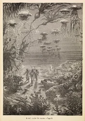 "Kävely veden alla" elokuvasta "20 000 merilegendaa meren alla", noin 1870 (kaiverrus).