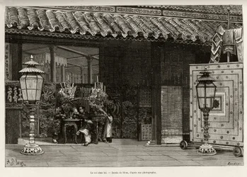 Kuningas Dong Khanh (1864-1889) Annamin keisari, koti keisarillisessa Huen kaupungissa (Vietnam). Thiriatin kaiverrus havainnollistamaan tohtori Charles Edouard Hocquardin (1853-1911) tarinaa "" Trente mois au Tonkin"" vuonna 1885 julkaisussa Le tour du mo