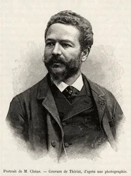 Muotokuva Jules Clainesta (1856-1939), tutkimusmatkailija ja diplomaatti, tarinan kirjoittaja. Thiriatin kaiverrus havainnollistamaan tarinaa "" yksi vuosi Malesiassa"", kirjoittanut Jules Claine (1856-1939)