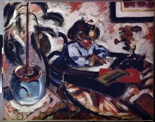 ""La petite ecoliere"" (Pikku koulutyttö) Pieni tyttö tekee koulutehtävää. Henri Victor Gabriel Le Fauconnierin (1881-1946) maalaus 1907 Koko 73x92 cm Eremitaaši, Pietari (Pietari)