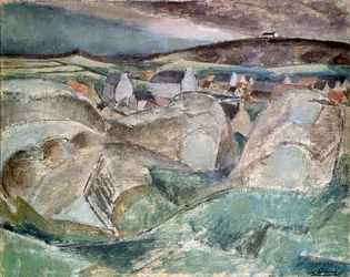 Kylä kallioiden keskellä, vuodelta 1910.