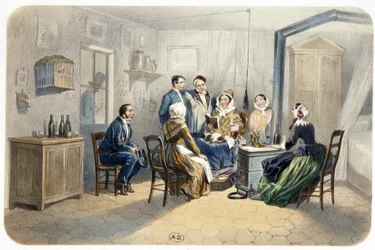 Vigil: "" Lukeminen ovella"", kirjoittanut de Montaut (concierge-lodge), n.d. 1800-luvulla