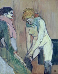 Sukkahousuja pukeva nainen, n. 1894 (öljy kortille)