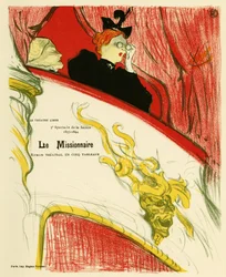 Nainen teatterin pukuhuoneessa käyttäen kiikareita. Poster for the Missionary, näytelmä Marcel Luguet, edustettuna vuonna 1893 Free Theatressa, jonka Andre Antoine (1858-1943) loi vuonna 1887, kuvitus ja litografia Henri de Toulouse Lautrec