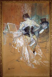 Conquete matkalla, nainen korsetissa Prostituee pukeutuu asiakkaansa eteen bordellissa. Pastelli ja piirustus Henri de Toulouse Lautrec (Toulouse-Lautrec