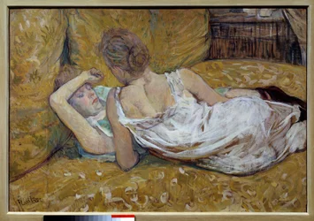 Kaksi ystävätärtä. Nuoria naisia makaamassa vuoteella, 1895, yksityiskokoelma