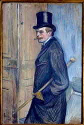 Louis Pascalin (1864-1901) muotokuva Taiteilijan serkku on kuvattu silinterihattussa kepin kanssa ja tupakkaa. Henri de Toulouse Lautrecin (1864-1901) maalaus 1891 Su. 0,81x0,54 m Albi. Musee Toulouse Lautrec - Taiteen Louis Pascalin (1864-1901) muotokuva
