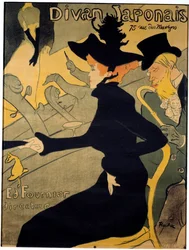 Pariisilaisen kabareen juliste "" Japanilainen sohva" - kuvaa tanssija Jane Avrilia (1868-1943) ja tanssijaa. kirjailija Edouard Dujardin (1861-1949) katselee laulaja Yvette Guilbertin (1867-1944) esiintymistä lavalla - Henri de Toulouse-Lautrin litografia