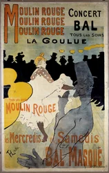 Punaisen myllyn juliste (pallonaamari "" La Goulue""). Henri De Toulouse Lautrecin litografia (Toulouse-Lautrec