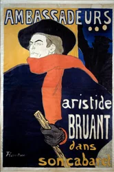 Ranskalaisen lauluntekijän Aristide Bruantin (1851-1925) juliste spektaakkelille. "" Suurlähettiläät - Aristide Sparrow kabareessaan "". Henri de Toulouse-Lautrecin litografia (1864-1901). 1892. Mitat 1,41 x 0,98 m Bryssel, musee d