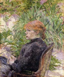 Punatukkainen nainen istuu herran puutarhassa, 1889