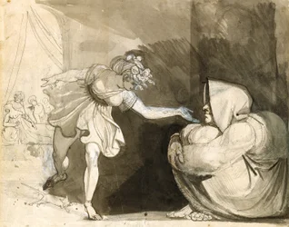 Galinthias päihittää Eileithyian ilmoittamalla Herakleen syntymästä (Verso: Mrs. Fuselin muotokuva) (grafiitin, musteen ja musteen pesut korostettuina valkoisella valkoiselle paperille)