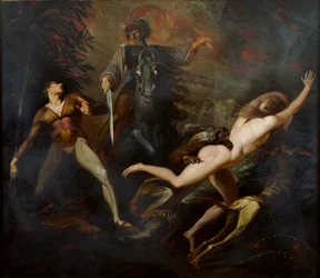 ""Theodore tapaa esi-isänsä Guido Cavalcantin haamu"" Kuvitus John Drydenin runosta "Theodore ja Honoria" - Henry Fuselin maalaus (Johann Heinrich Fussli