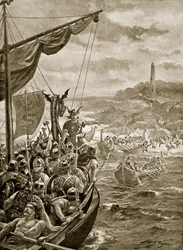 Tanskalaisten hyökkäys Irlantia vastaan, kuvitus "Hutchinsonin tarinasta brittiläisestä kansasta", n. 1920 (litho)