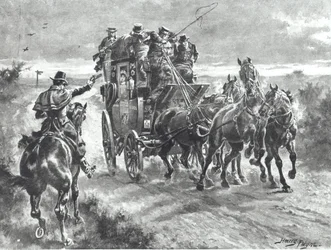 "Stand and Deliver", valtatiemies pitää pystyvaunua 1800-luvun alussa (litho)