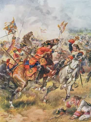 Kolmannen rakuunarykmentin hyökkäys, kuvitus majuri C. H. Wyllyn teoksesta "Glorious Battles of English History", 1920-luku