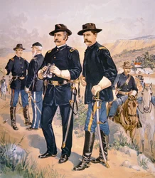 Prikaatinkenraali Nelson A. Miles, riviupseerit ja värväsi minut vuoden 1888 kampanjapukuun (värilitho)