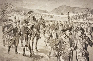 Amerikan manner-armeijan hajottaminen New Windsorissa, New Yorkissa, marraskuun alussa 1783 (litho)