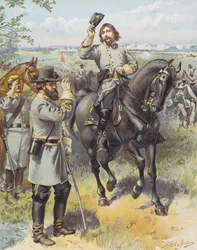 Kenraali Pickett ottaa hyökkäyskäskyn kenraali Longstreetiltä, Gettysburgin taistelu, 3. heinäkuuta 1863 (värilitho)