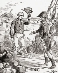 Kapteeni Dacres HMS Guerrieresta antautuu ja tarjoaa miekkansa kapteeni Hullille USS Constitutionin laivalla hänen tappionsa vuoden 1812 sodan aikana, kirjasta The History of Our Country, julkaistu 19.