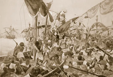 Meritaistelu Pelusiumissa, kuva "Hutchinsons History of the Nations" -teoksesta, n. 1910