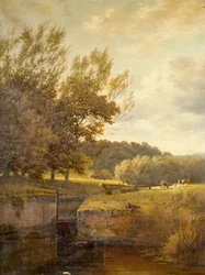 Metsäinen maisema, jossa poika kalastaa lukossa, 1931.