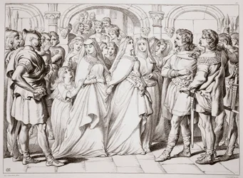 Alftruda tunnistaa Herewardin, kuvituksen Hereward the Greatista, Charles Kingsley, pubi. 1870, kaiverrus C.G. Lewis (teräslevykaiverrus)