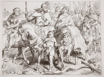 Hereward vartioi Alftrudaa turvaan, kuvitus Charles Kingsleyn teoksesta Hereward the Great, pub. 1870, kaiverrettu C.G. Lewisin toimesta (teräslevykaiverrus).