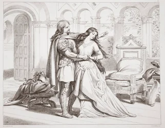 Herewardin ensimmäinen haastattelu Torfridan kanssa, kuvitus Charles Kingsleyn Hereward the Greatista, pub. 1870, kaiverrus C.G. Lewis (teräslevykaiverrus)
