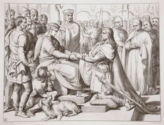 Kuinka Hereward tuli kuninkaan luo, Charles Kingsleyn kuvitus Hereward Suuresta, pubi. 1870, kaiverrus C.G. Lewis (teräslevykaiverrus)