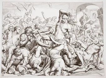 Kuinka Hereward puhdisti Bournen ranskalaisista, kuvitus Charles Kingsleyn teoksesta Hereward the Great, julkaisu. 1870, kaiverrettu C.G. Lewisin toimesta (teräslevykaiverrus).