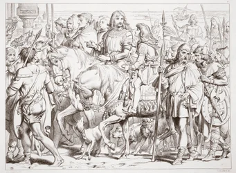 Kuinka Hereward astuu pyhitettyyn St. Bertinin linnoitukseen, kuvitus Charles Kingsleyn Hereward Suuresta, pubi. 1870, kaiverrus C.G. Lewis (teräslevykaiverrus)