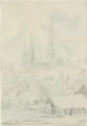 Lichfieldin katedraali - Lounaisnäkymä: lyijykynäpiirros, nd [?1788-1855] (piirustus)