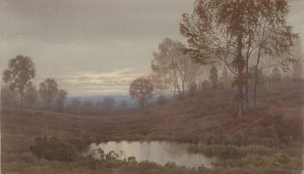 Auringonlaskumaisema ja lampi