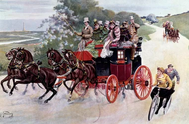 Kova kuorma matkustajia ja pyöräilijöitä. Henry Finneyn (1800-luku) maalaukseen perustuva litografia, noin 1890. Yksityiskokoelma