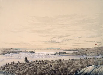 Sault de Ste. Marie Huron-järven ja Superiorin välissä, 1842 (wc paperilla)