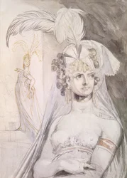 Puolikas kurtisaani, höyhenet, rusetti ja hunnu hiuksissaan, 1800-10 (kynä, wc ja muste paperille)